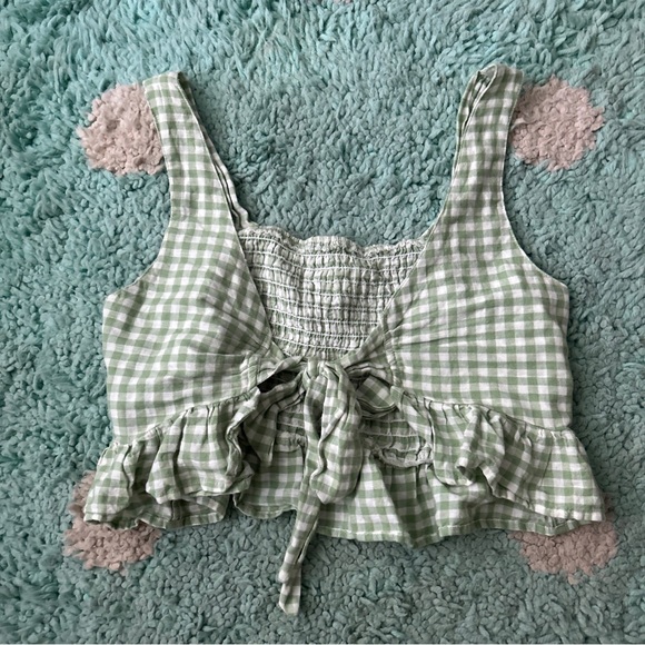 American Eagle Women SET Crop Top Pants Shirt Ruffle Gingham Green White Tie - Picture 4 of 13